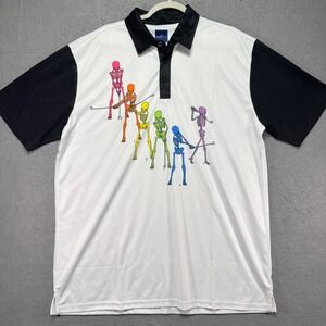 ReadyGOLF Mens XL Skeleton Golf Polo Shirt‎ White Black Rainbow Short Sleeve